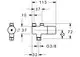 Schematische Darstellung eines thermostatischen Mischventils von HANSA mit verschiedenen Anschlussmaßen und einer runden, seitlichen Bauform.